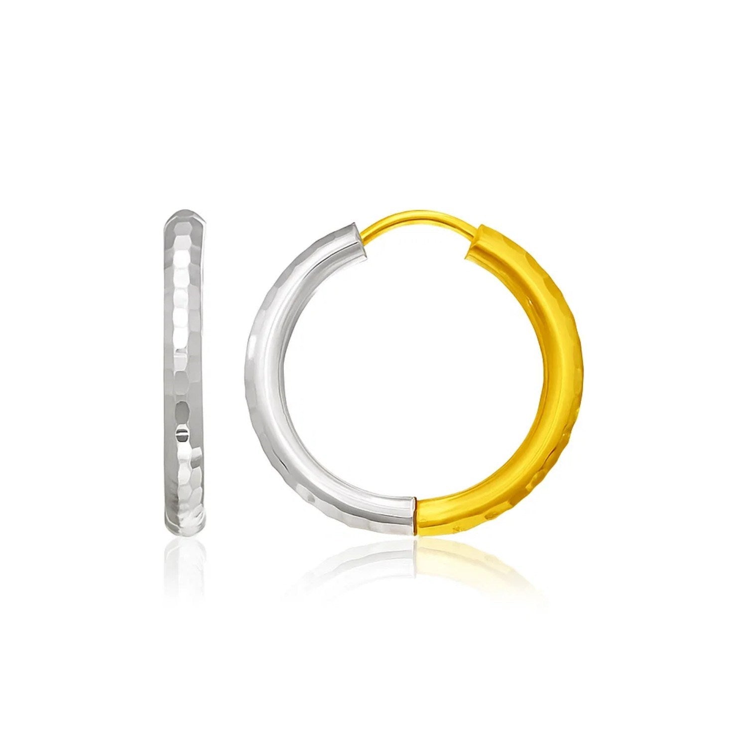 Hammered Hinge Tube Hoop Earrings in 14k Two-Tone Gold(2.5x15mm) in a sleek high-contrast midnight luxury editorial style